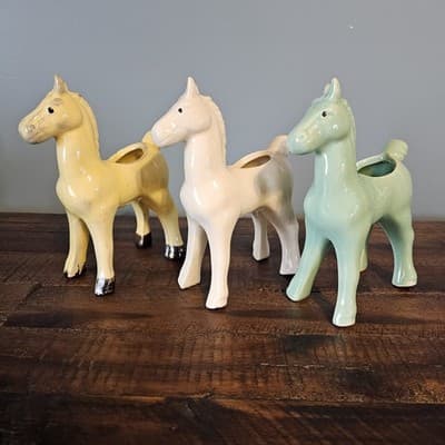 Vintage Ceramic Horse Planters Set of 3 Yellow White Green Mid Century MCM