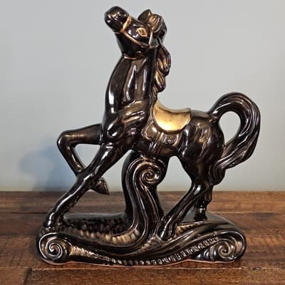 Vintage Ceramic Prancing Horse Figurine Black & Gold Gloss Rocking Horse MCM