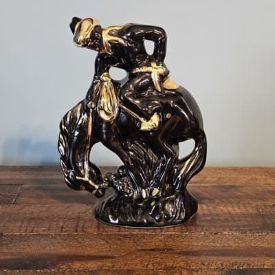 Vintage Western Cowboy on Bucking Horse Black & Gold Gloss MCM NICE