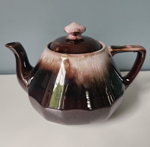 Vintage Lugenes Mini Teapot Brown Drip Glaze Pink Tint Small Ceramic w/ Lid