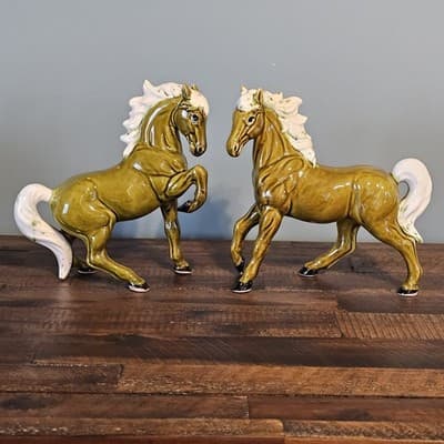 Vtg Ceramic Horse Figurines Pair White Main Tall Gloss Green Brown Mid Century