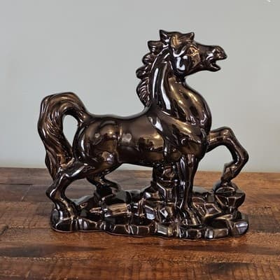 Vintage Ceramic Horse Figurine Black & Gold Gloss Japan 8" Tall