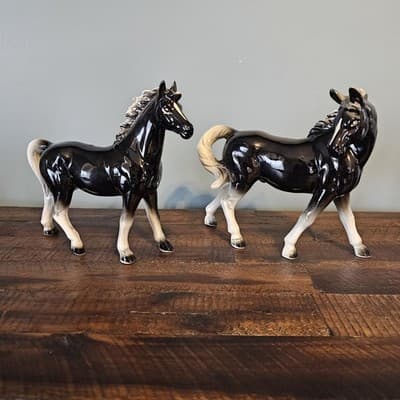 Vintage Japan Ceramic Horse Figurines Pair Black & White Glossy Mid Century
