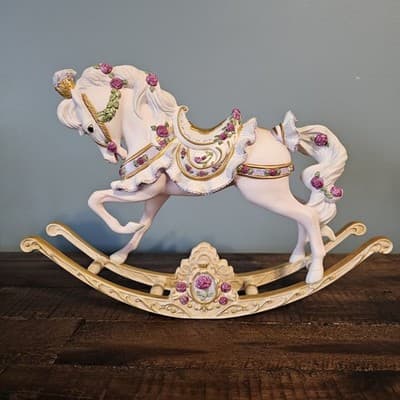 Franklin Mint Porcelain Rocking Horse Figurine White w Roses Gold Trim 12" x 9"