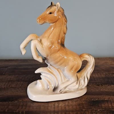 Vintage Rearing Horse Light Tan Brown Ceramic 7" Tall on a Base