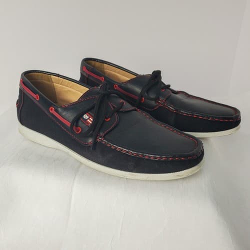 Phat Classic Mens Boat Shoes Black Red Leather Moc Toe Lace Up Casual Size 10