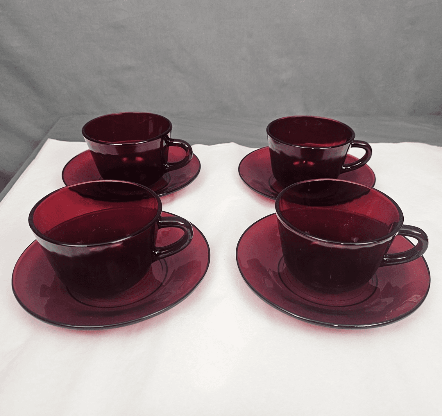 Vintage Royal Ruby Red Anchor Hocking Teacups and Saucers Set of 4 Excellent