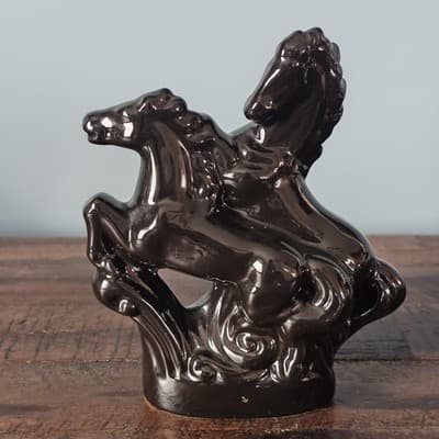 Small Vintage Ceramic Double Gloss Black Horse Figurine Mid Century