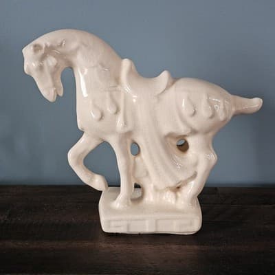 Vintage Chinese Tang Dynasty Style Cream Crazed Crackle Ceramic Horse Figurine
