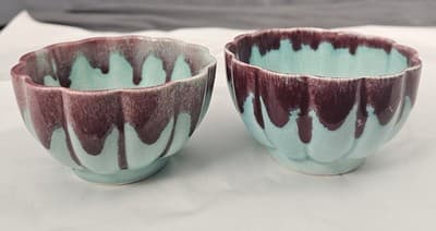 Allens of California Drip Glaze 2 Small Bowls Light Teal W Purple MCM Vtg