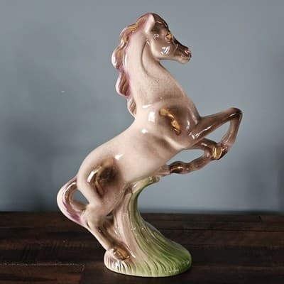 Large Vtg Japan Rearing Horse Figurine Pink Lavendar Gold Trim 11" Mid Century