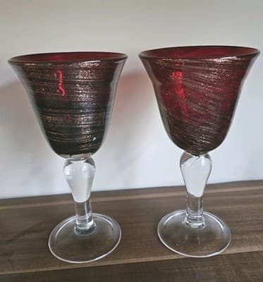 Red Twist Sunset- Set of 2 Water Goblet 8" 8 oz Blown Glass Wine Glasses Mod