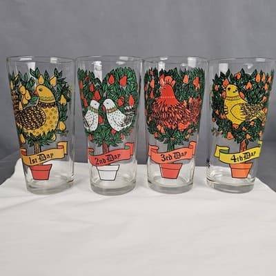Vintage 12 Days Of Christmas Glasse 1st Day - 4th Day Brockway 12 oz 6.25" Tall