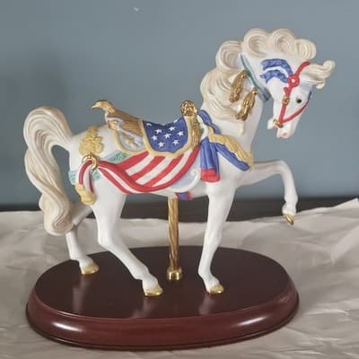 Lenox 1991 Carousel Horse Red White & Blue Gold Trim Wood Base Patriotic