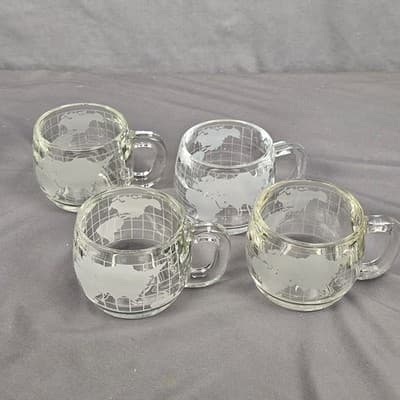 Vintage Nescafe World Globe Etched Glass Coffee Mugs 4 Pc Set Nestle, 3 dif. Run