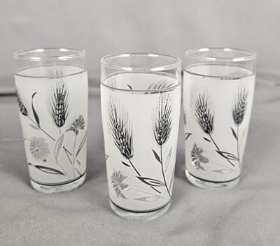 Vintage Libbey Frosted Juice Glasses Silver Wheat Mid Century 4" Set of 3