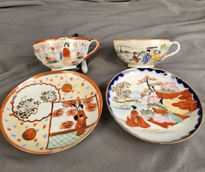 Vintage Japanese Hand Painted Eggshell GEISHA Tea Cup with Saucer 2 Sets