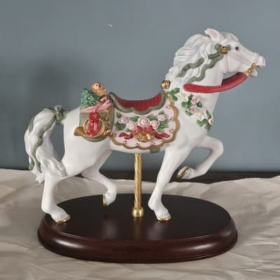 Lenox 1993 Carousel Horse Pink Roses Gold Trim Wood Base Christmas