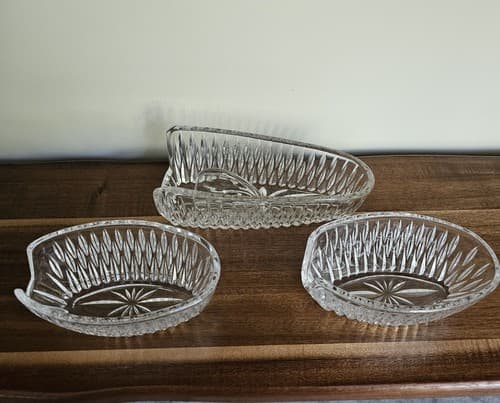 Vintage Set/3 Crystal Cut Clear Glass Condiment Dish Mustard Jam Jelly Jar & Spo