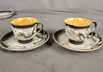 2 Vtg Asian Dragon Ware Hand Painted Dematisse Tea Cup & Saucer Raised Design