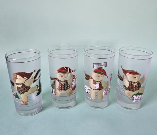 4 Culver 12 oz, Christmas Glasses, 24kt Gold, Gold Bears on Frosted Glass