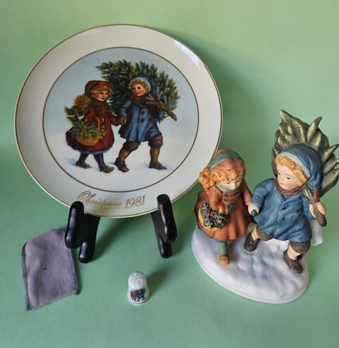 Keeping The Christmas Tradition - AVON 1981 Memories Figurine Plate Thimble Set