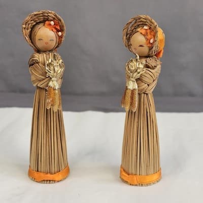 Vintage Korean Straw Doll With Wood Base & Corn Pin Rare Folk Art 5” Set of 2