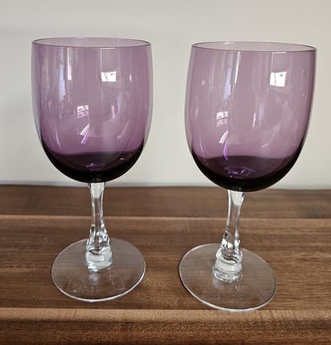 Purple Gobblet with Clear base and stem (2) Wine/ Water Goblets 6.5" Tall 10oz