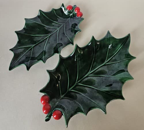Vintage Set of 2 Green Holly Berry Candy Nut Dish Christmas Holiday Glass