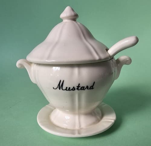 Vintage Menschik Goldman White & Black Mustard Condiment Jar with Spoon