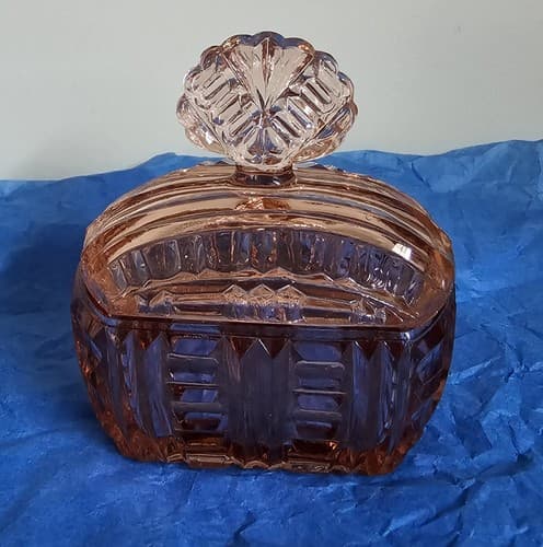 Czechoslovakian Trinket/Jewelry Dish Pink Glass stamped Irice With Lid