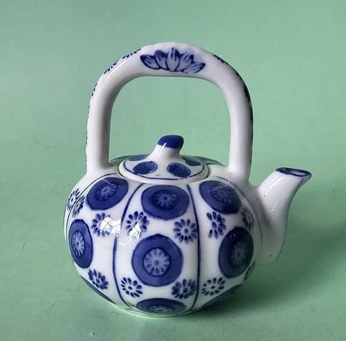 Tiny Blue and White Lidded Tea Pot 3.5" tall Miniature Vintage
