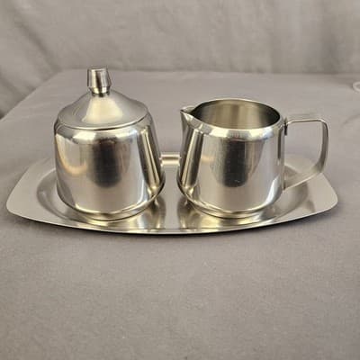 Vintage 1970 Oneida 18/8 Stainless Steel Sugar & Creamer w/ Matching Plate Japan
