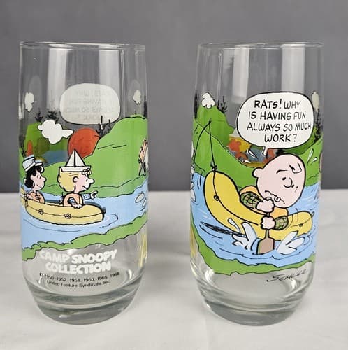 McDonalds VTG 1968 Camp Snoopy Collection Drinking Glasses Charlie Brown 2 Set