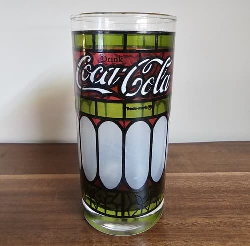 Vintage Coca Cola Glass Green & Red Frosted Stained Glass Tiffany Style 14 Oz