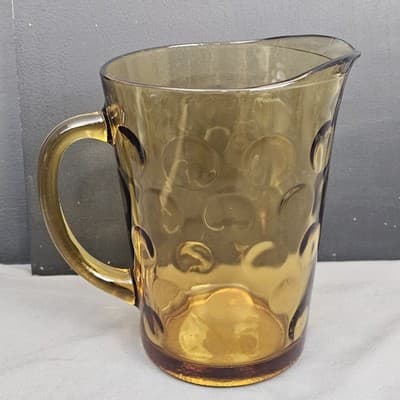 1960s Vintage Hazel Atlas El Dorado Circle Pattern Amber Glass Pitcher 64 oz EUC