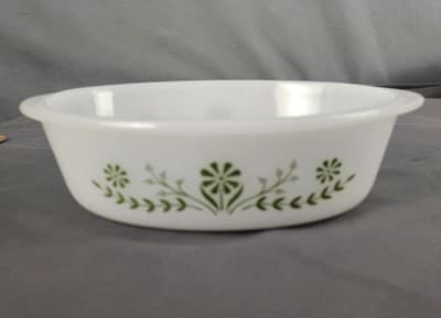 Vintage Glasbake 1 QT Oval Baking Dish Green Daisy Pattern Collectible