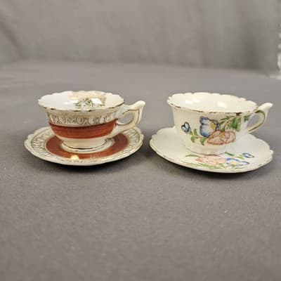 2 Vintage Miniature Tiny Tea Cup & Saucer Sets Made In Occupied Japan