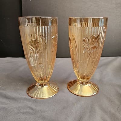 Vintage Jeannette Iris and Herringbone Tumblers Set of 2 Marigold 6"