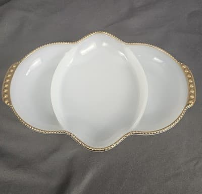 Vintage Fire King Oven Ware Milk Glass Gold Trim Serving Platter 11" x 7.5"