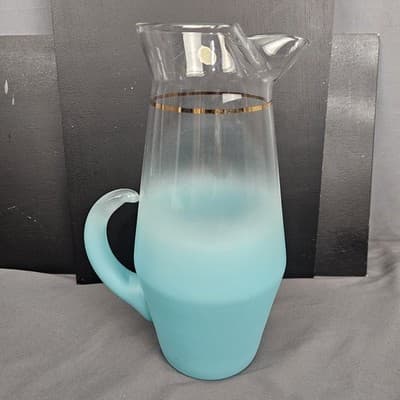VTG Glass Blendo mid Century Blue Pitcher Frosted Gold Trim Water Juice Bar