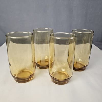 (4) Vtg. MCM Amber Yellow Tumblers Drinking Glasses 1970’s 5” Tall 12oz