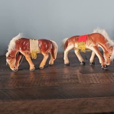 Vtg Japan Horse Figurines Pair fur Hair on Mane and Tail Felt Fringe Saddle