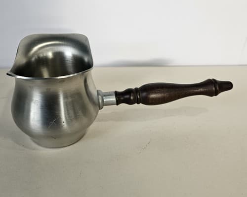 Vintage Pewter Double Spouted Saucepan Brandy Warmer with Wood Handle Conneticut