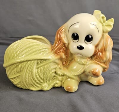 Vintage 1950’s Hull Pottery Dog Puppy With Yarn And Knitting Needles Planter