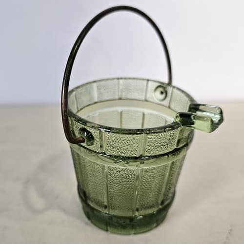 Vintage 1950’s Green Glass Ashtray Water Bucket w/ Handle Smokers Collectible