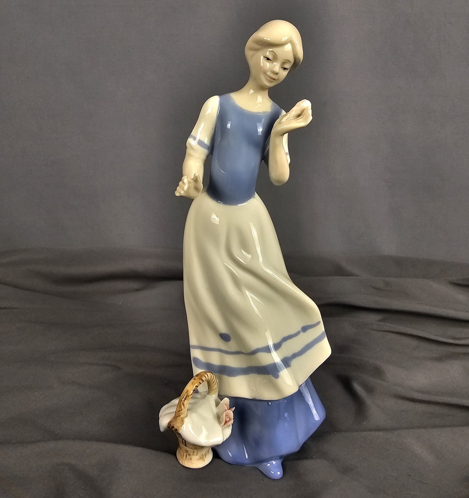 Vintage Blue & White Figurine Girl with Apron & Rose Basket Ceramic Lladro Style