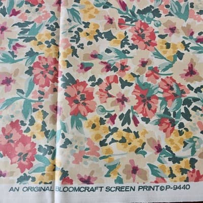 Vintage Bloomcraft Floral Cotton Fabric Screen Print Mid Century 54x36, 2 pieces