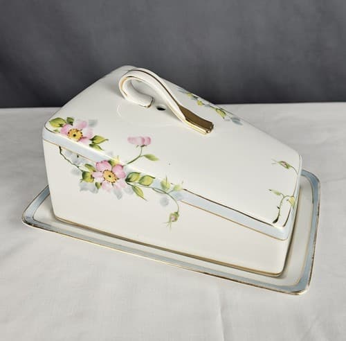 Antique Floral Nippon Hand Painted Cheese /Butter Dish Wild Rose
