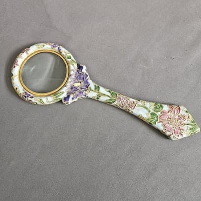 Art Nouveau Magnifying Glass Enameled Flowers Vintage 9" Long